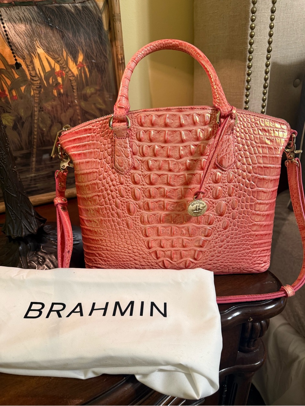 Brahmin Pink punch Duxbury Croc-Embossed Women's Satchel like new!